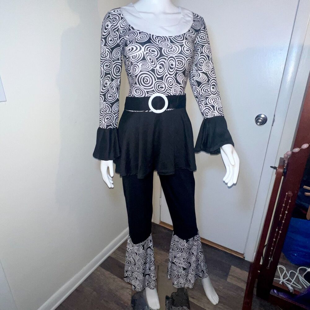 Go-Go Girl Disco Costume M - 60s 70s Retro Micro-Mesh Flared Sleeve Bell Bottom